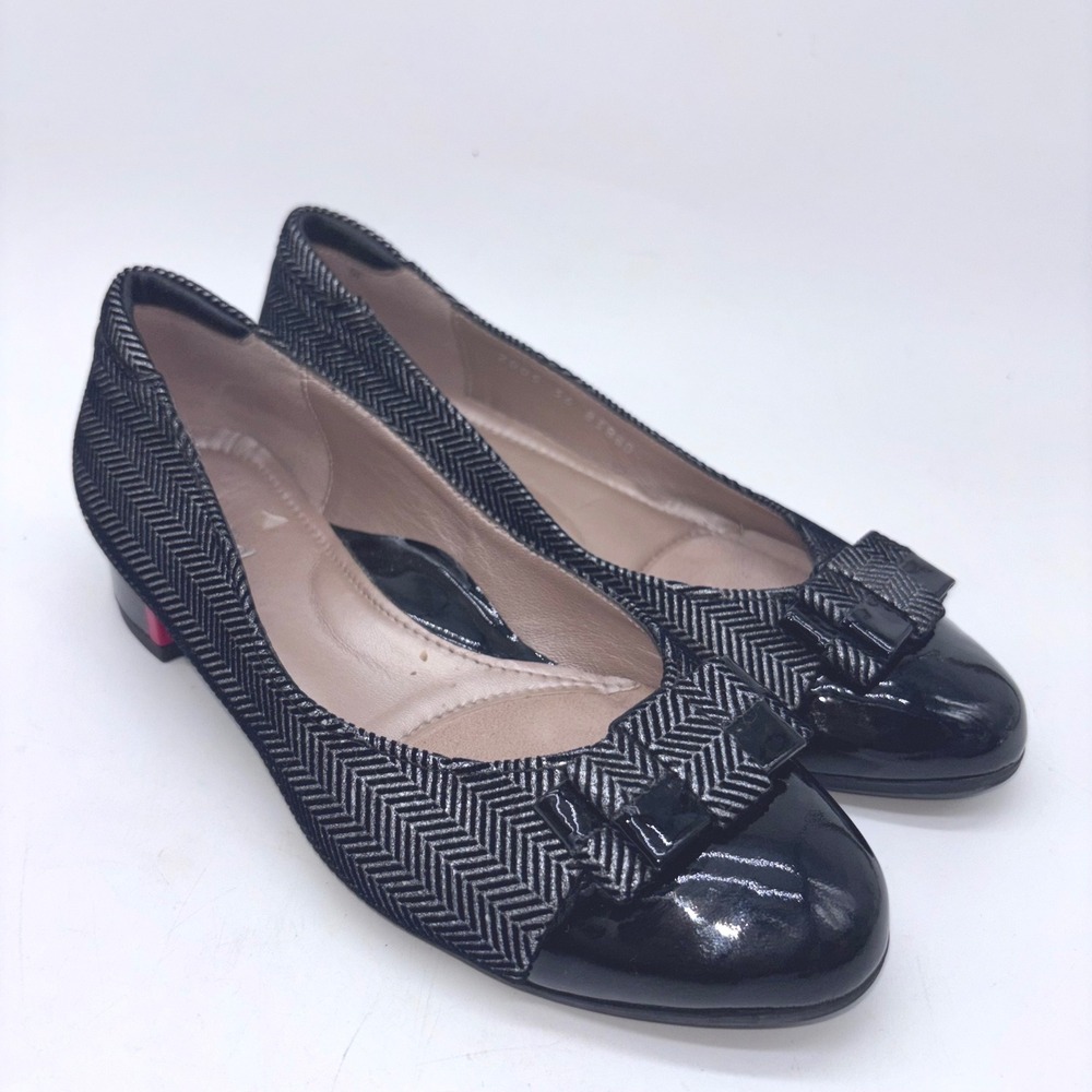 BeautiFeel Herringbone Patent Toe Bow Pumps Womens  5.5/36 Black Silver Red Heel